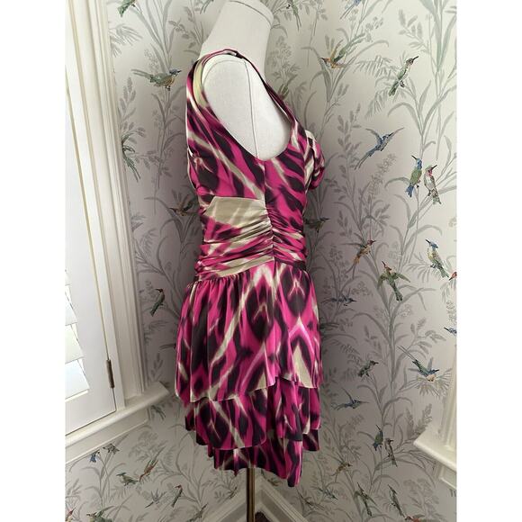 bebe cocktail party Asymmetric dress Pink Brown Floral Size 8 EUC - Picture 2 of 7